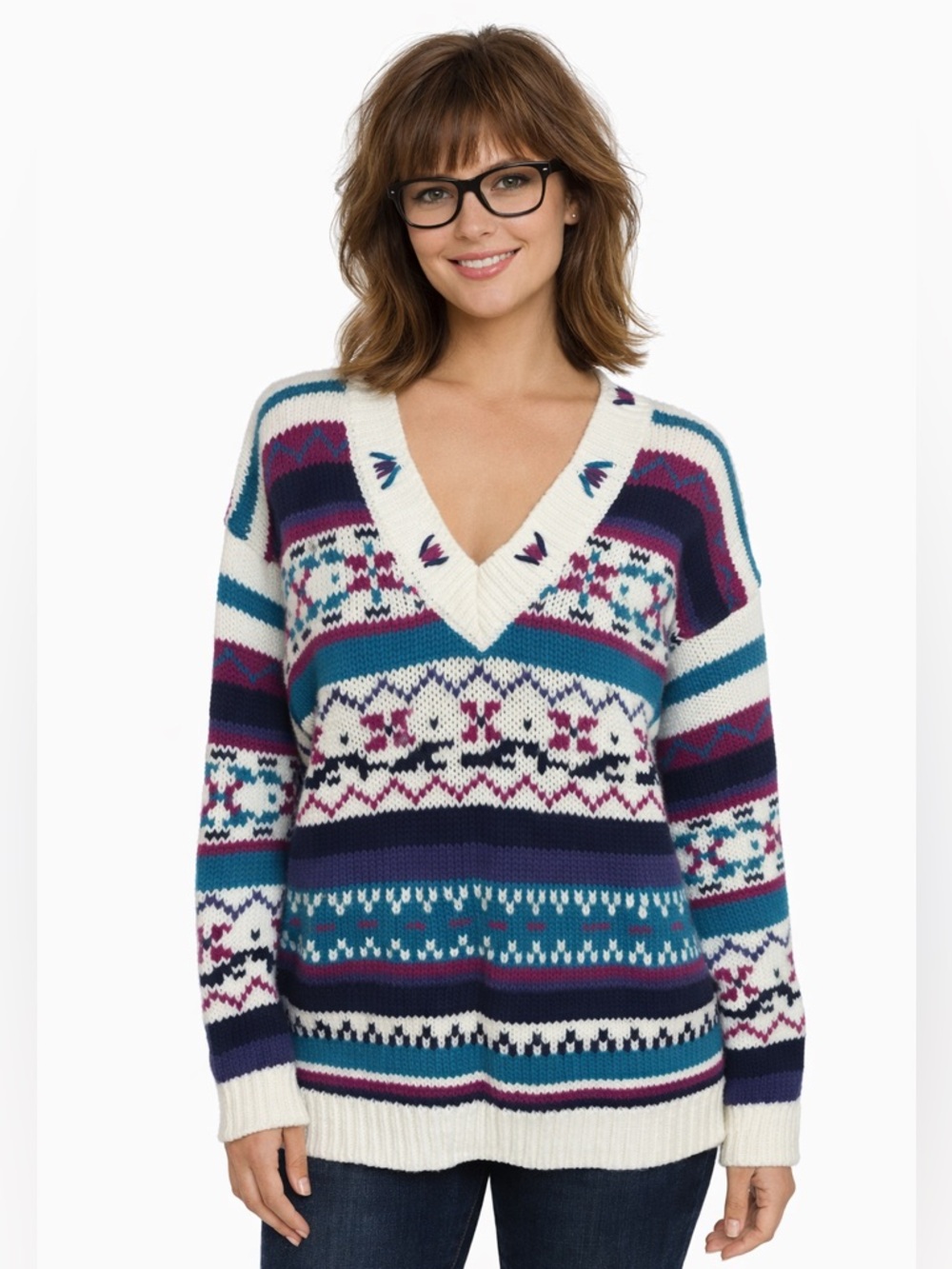 Vintage 80s AJ Brandon Fair Isle Sweater Medium Cozy Nordic V Neck Knit